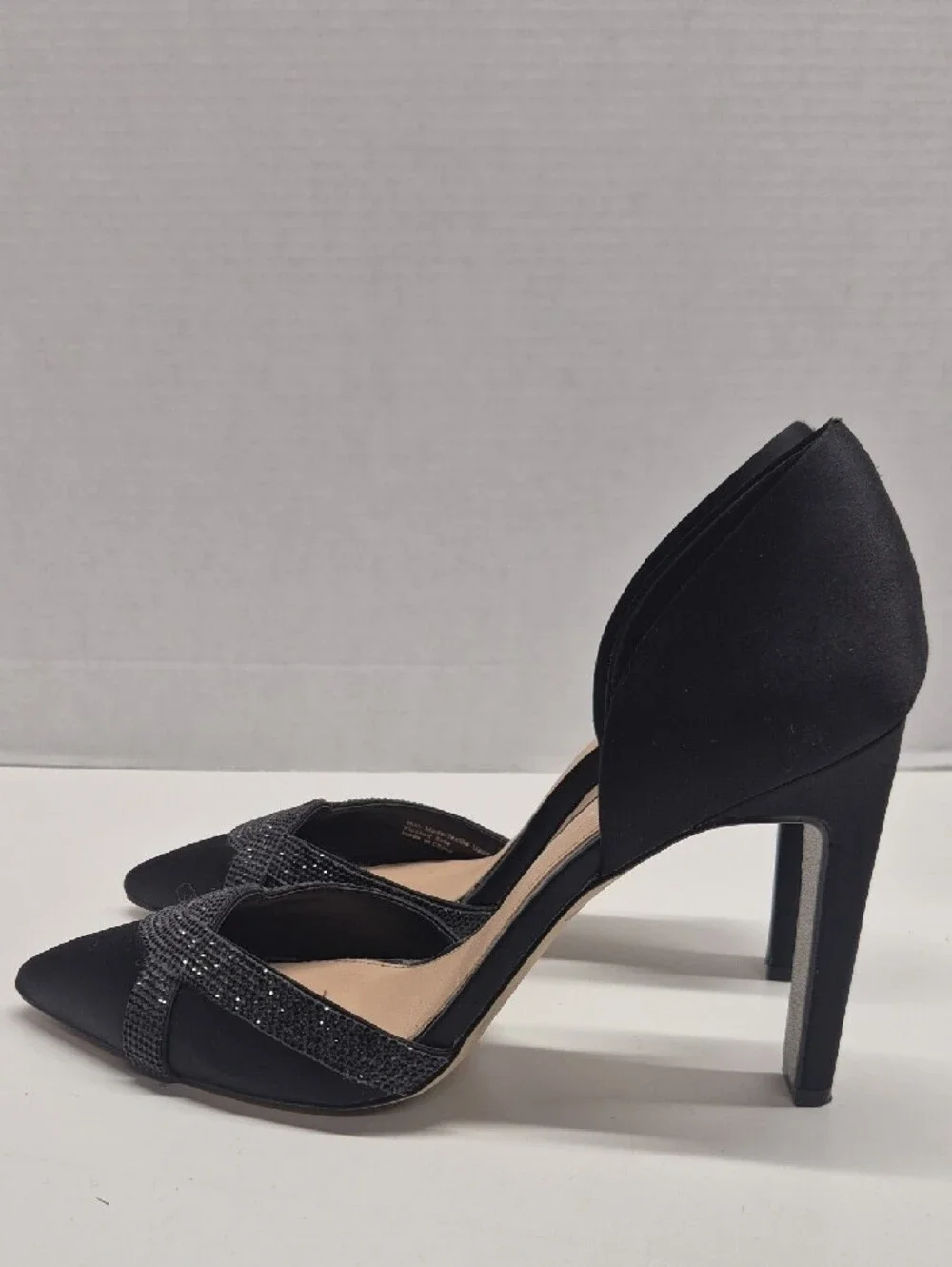 Jewel Badgley Mischka D'Orsay High Heels Satin Pointed Toe Rhinestone Black 9.5